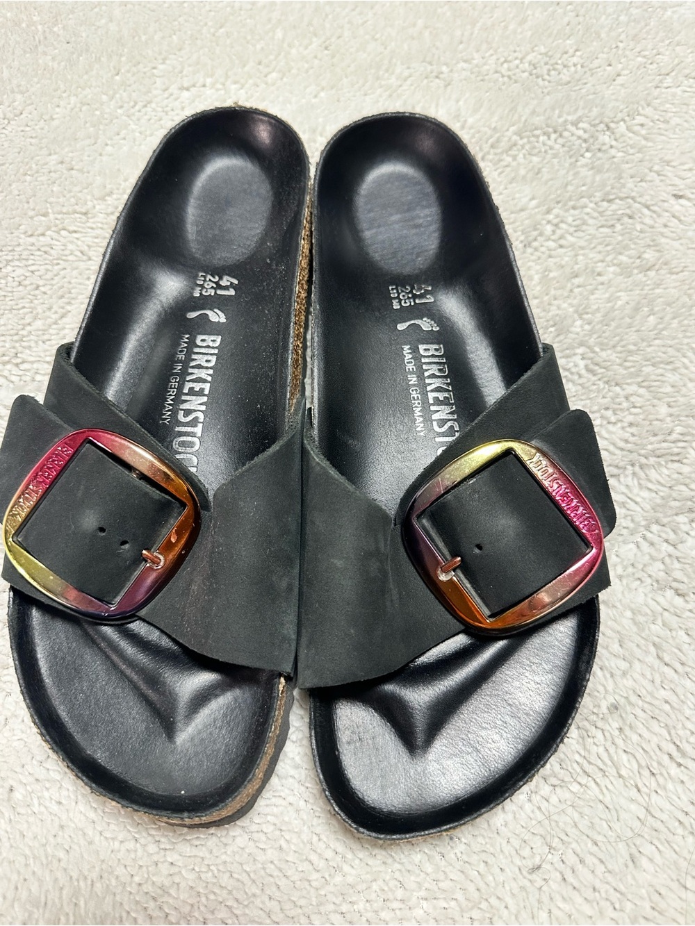 Birkenstock Black Madrid Slide with Iridescent Buckles